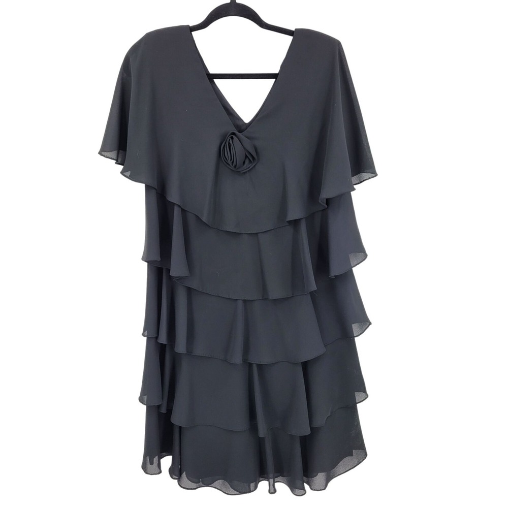 Vtg 80s Whimsigoth Sheer Chiffon Tiered Ruffle‎ Dress Sz 12P Black Goth GlamUSA